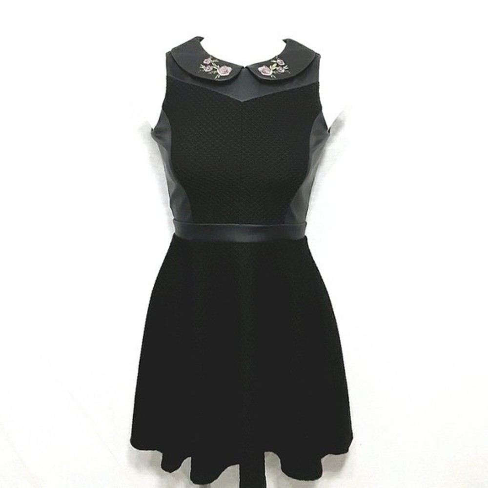 Maddie Black Skater Dress Faux Leather Trim Peter Pan Collar Rose Embroidery 1